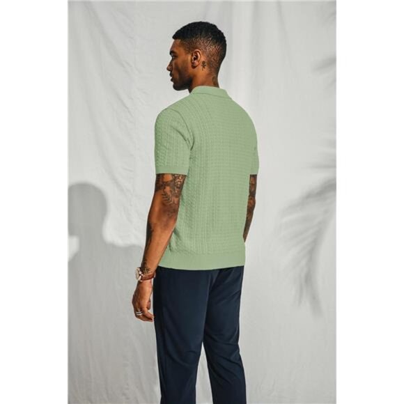 Mens Knit Polo Shirt Short Sleeve Hollow Out Knit Shirt Texture - Picture 2 of 5